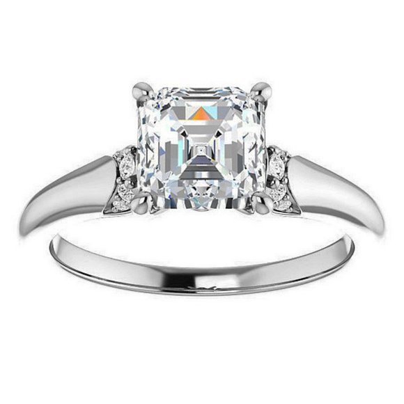 1.9Carat -7.0mm Asscher Moissanite Accented Engagement Ring - Picture 1 of 15